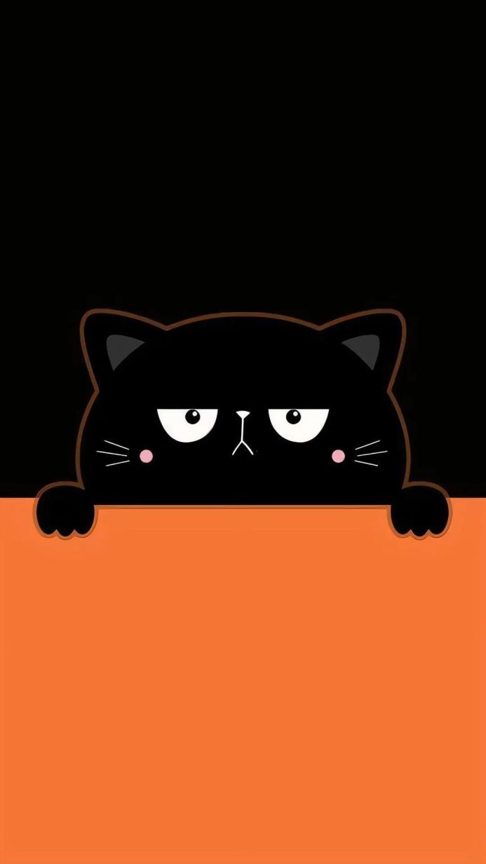 Grumpy cartoon cat peeking over an orange wall