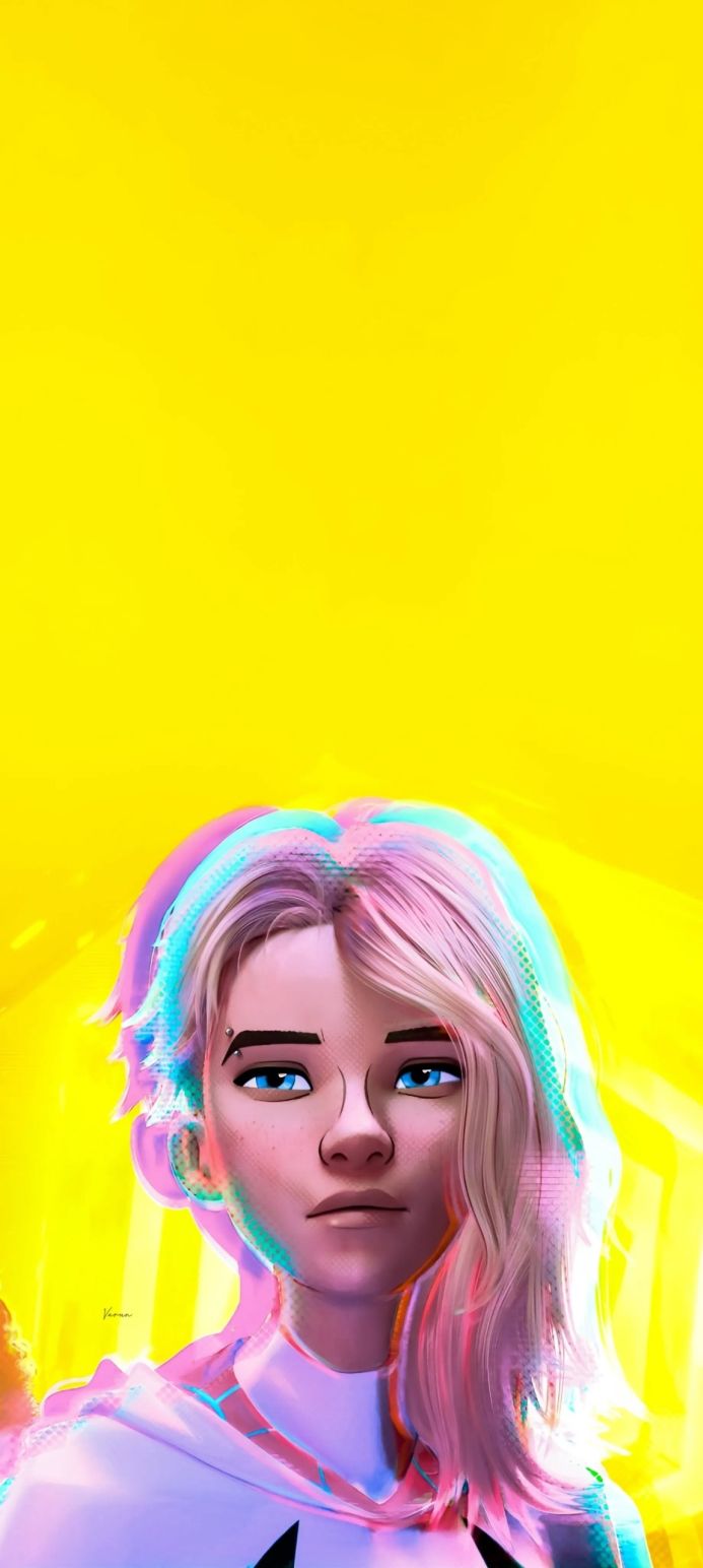 Gwen Stacy from Spider-Man: Into the Spider-Verse, portrait with pink and blue hair, yellow background