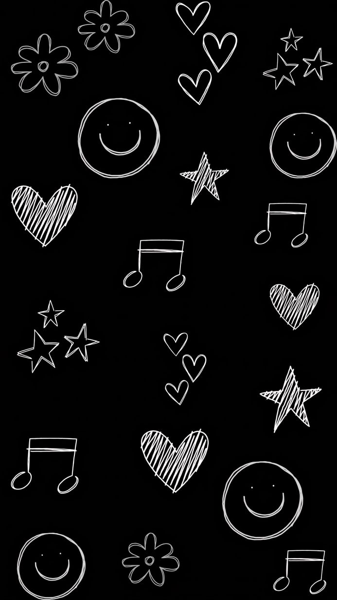 Hand-drawn style doodles of flowers, hearts, stars, music notes, and smiley faces on a black background