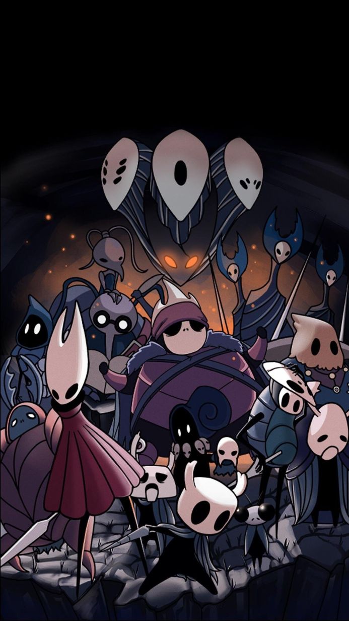Characters from Hollow Knight including The Knight, Hornet, Godseeker, and Quirrel
