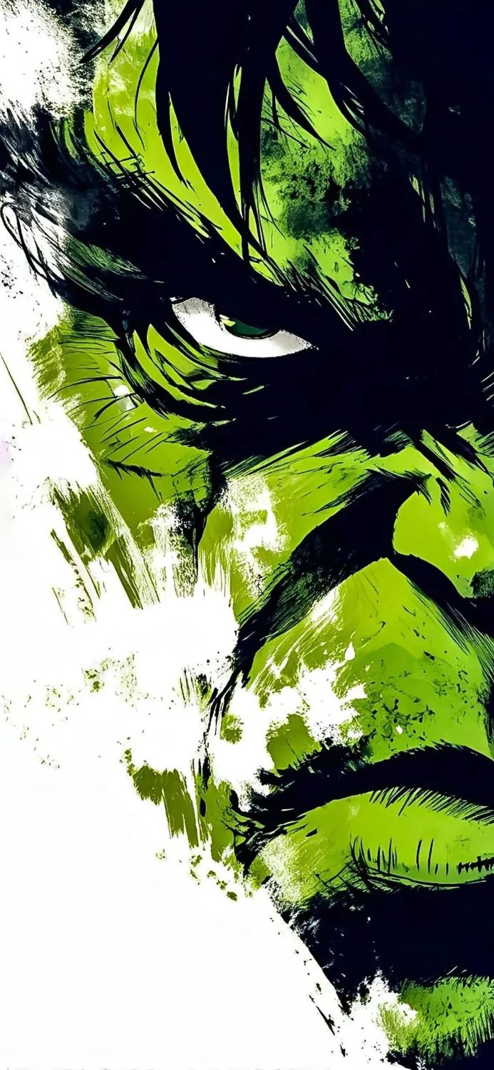 Hulk's face with green skin and black hair. An abstract superhero portrait