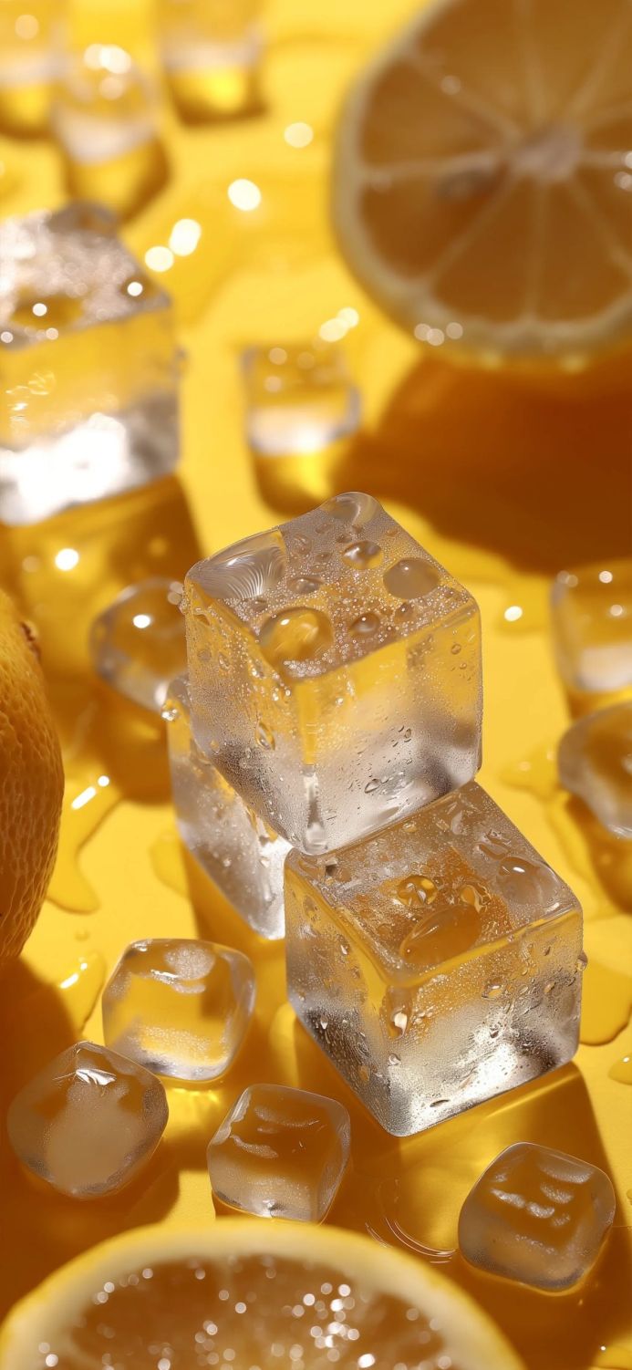 Ice cubes and lemon slices on a yellow surface with water droplets