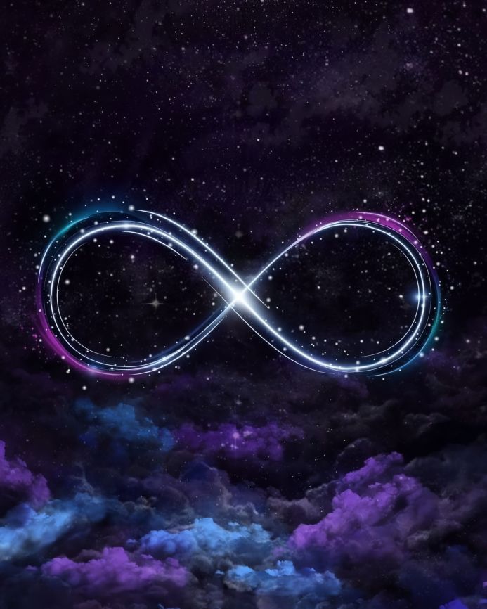Infinity symbol glowing in space with clouds of purple and blue