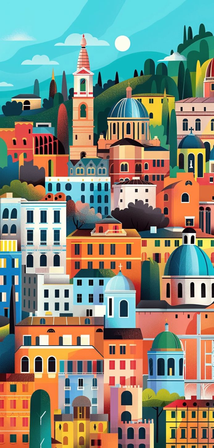 Colorful illustration of buildings and domes in an Italian city