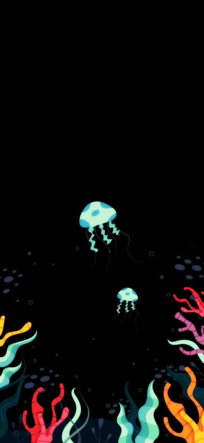 Colorful illustration of jellyfish and coral on a black background