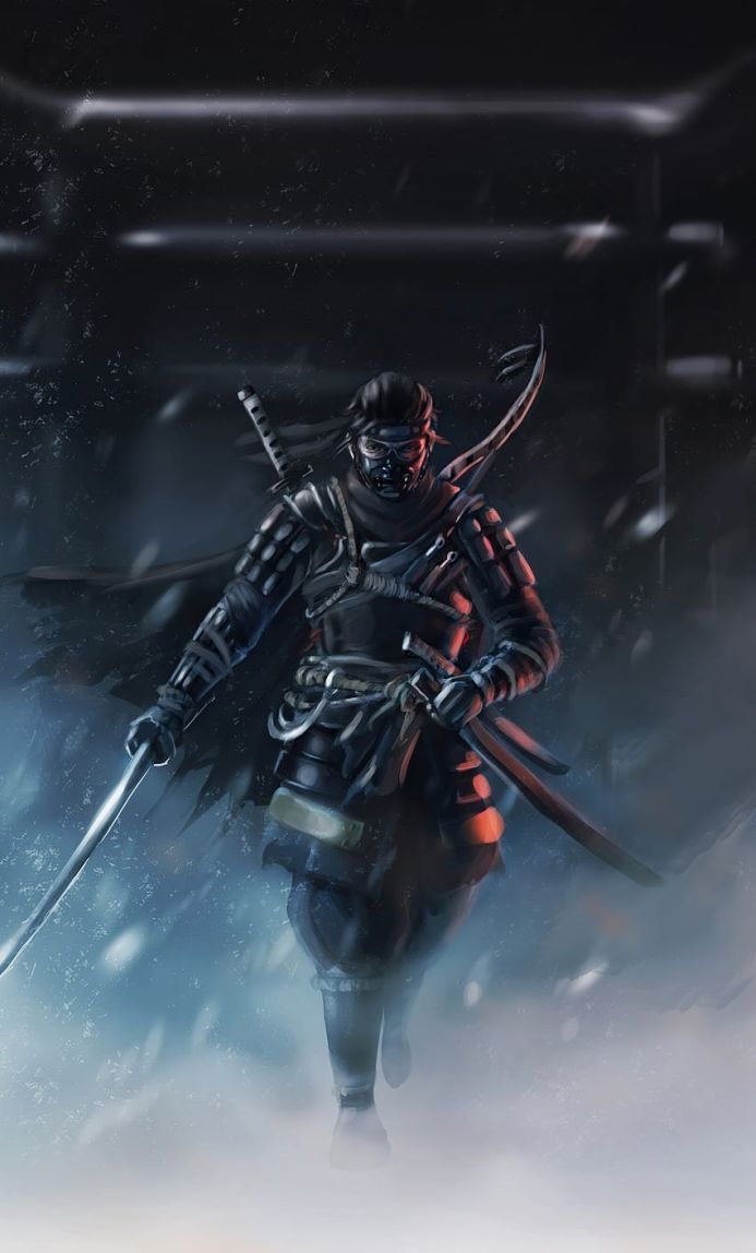 Jin Sakai, the Ghost of Tsushima, walking in the snow with his katana