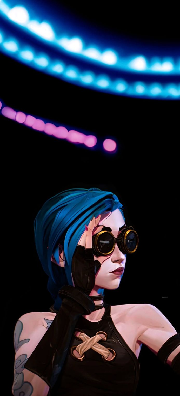 Jinx from Arcane, League of Legends, with blue hair and goggles on a dark background
