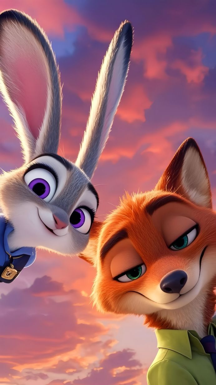 Judy Hopps and Nick Wilde from Zootopia against a vibrant sunset backdrop