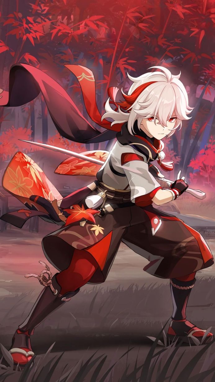 Kaedehara Kazuha from Genshin Impact with a sword surrounded by red foliage
