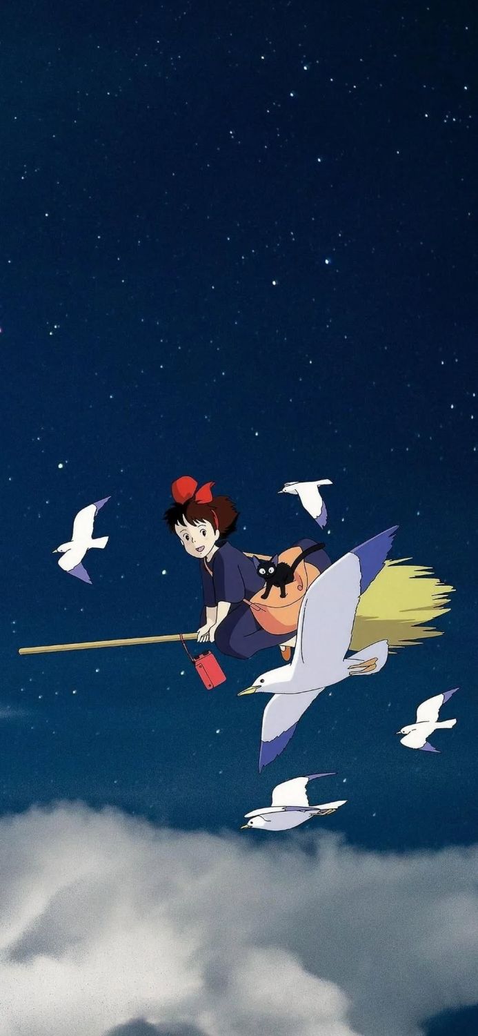 Kiki from Kiki's Delivery Service flying on a broom with her cat Jiji, surrounded by seagulls