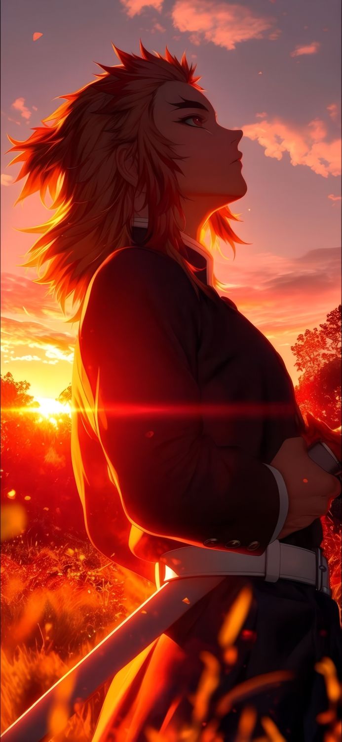 Kyojuro Rengoku from Demon Slayer, looking up during a fiery sunset
