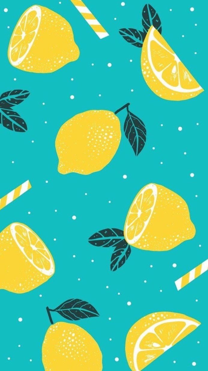 A vibrant pattern of lemons, leaves and straw on a turquoise background