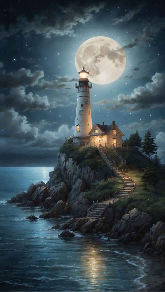 A lighthouse on a cliff under a full moon at night, surrounded by the sea