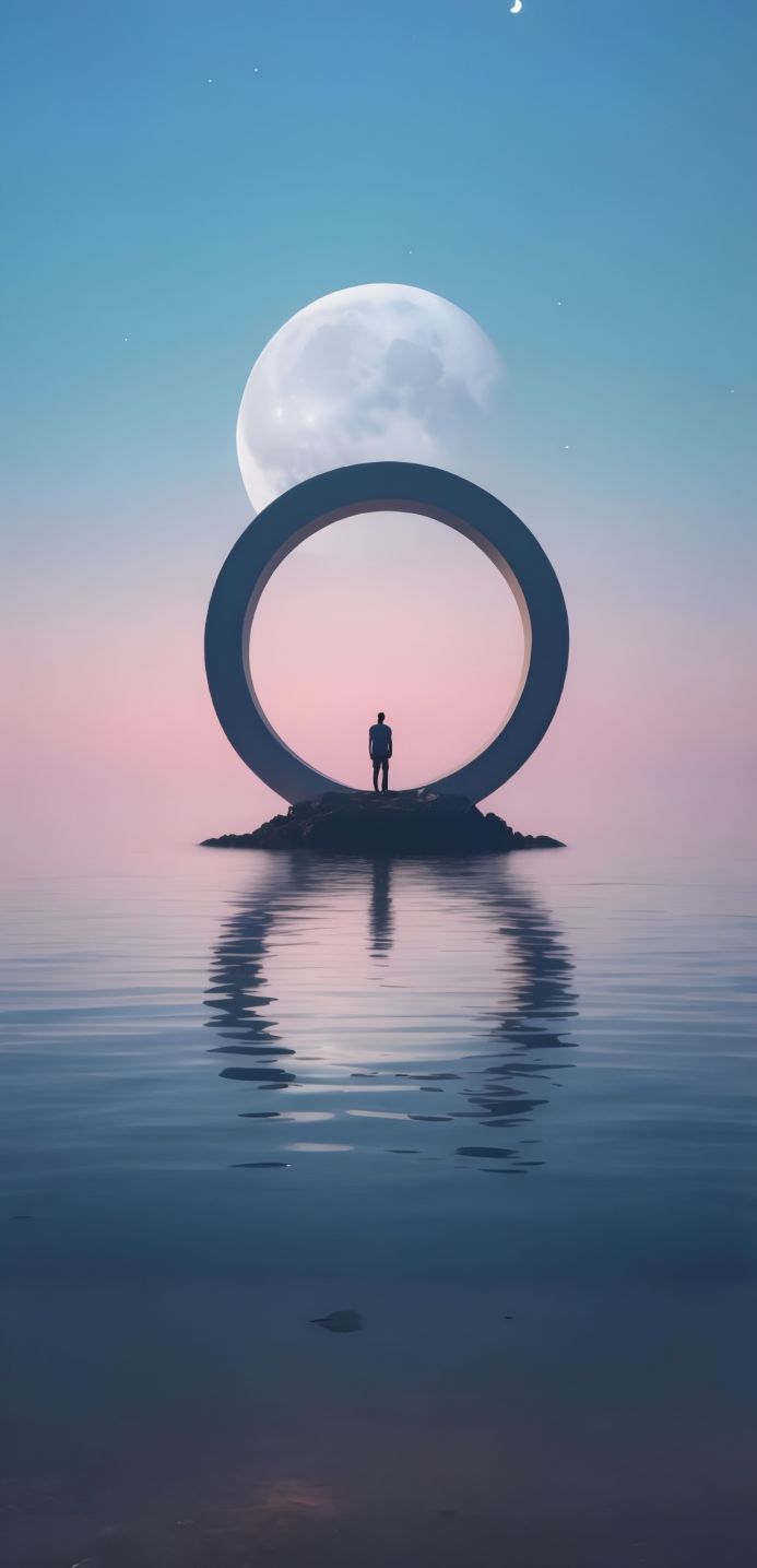 A man standing on a rock in front of a ring, with the moon in the background