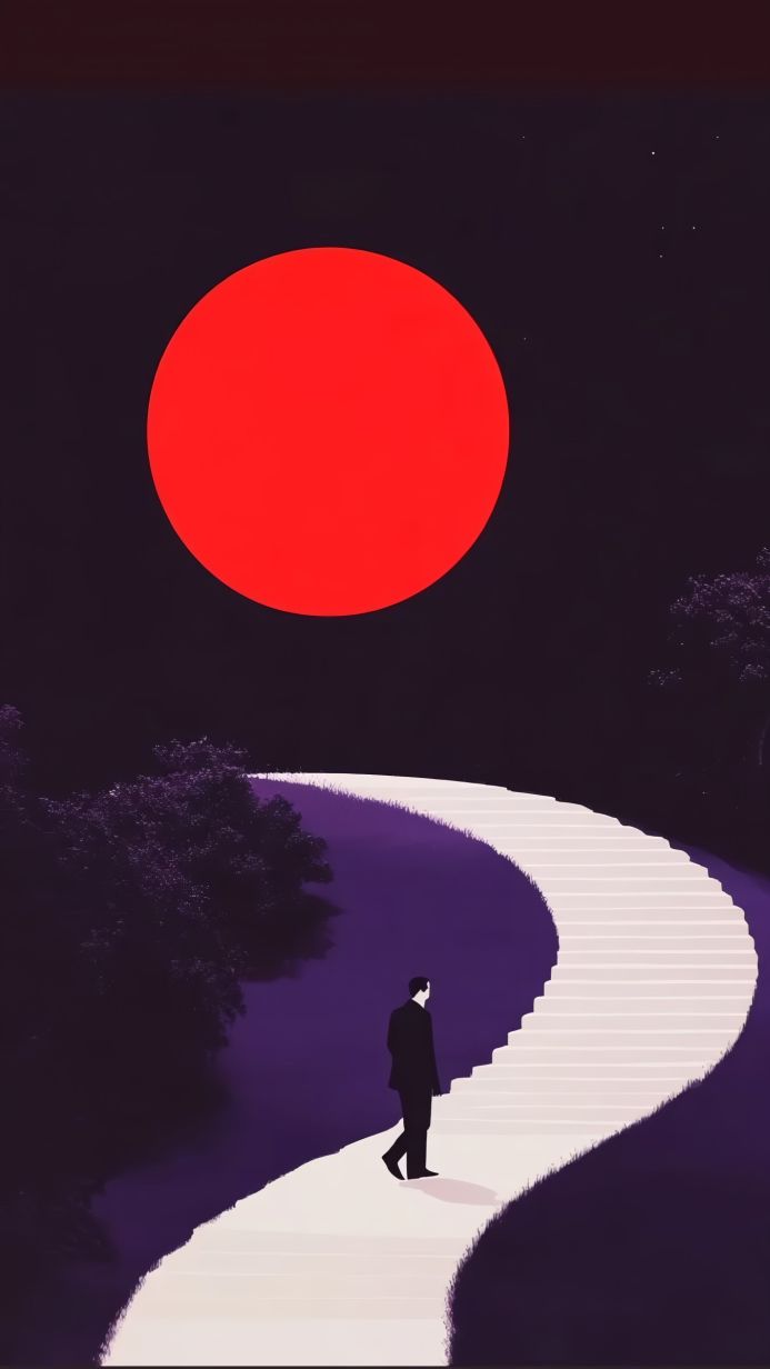 A man walking on a staircase toward a large red sun in a minimalist landscape