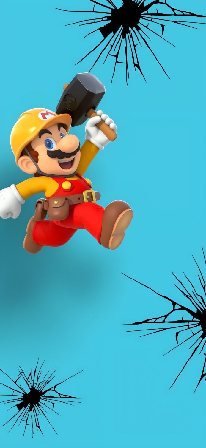 Mario as a construction worker holding a hammer with broken glass on the background