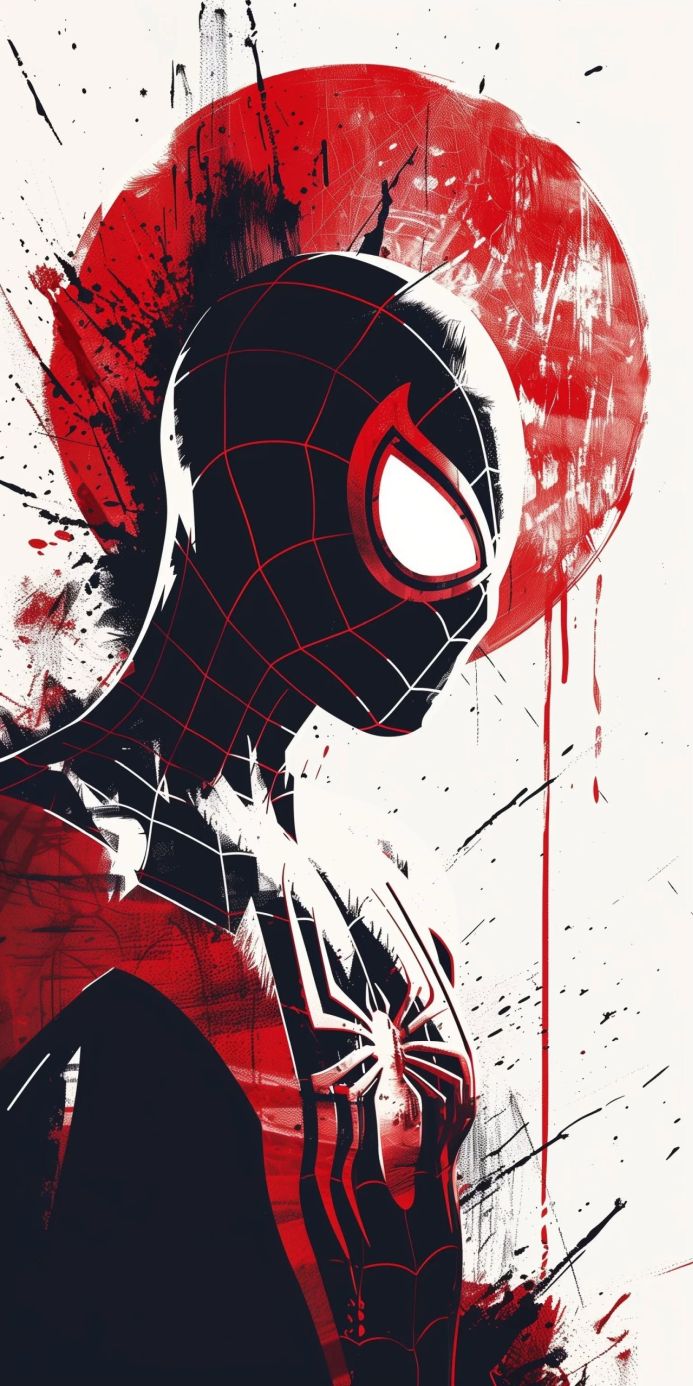 Miles Morales as Spider-Man in a stylized red, black, and white comic book illustration
