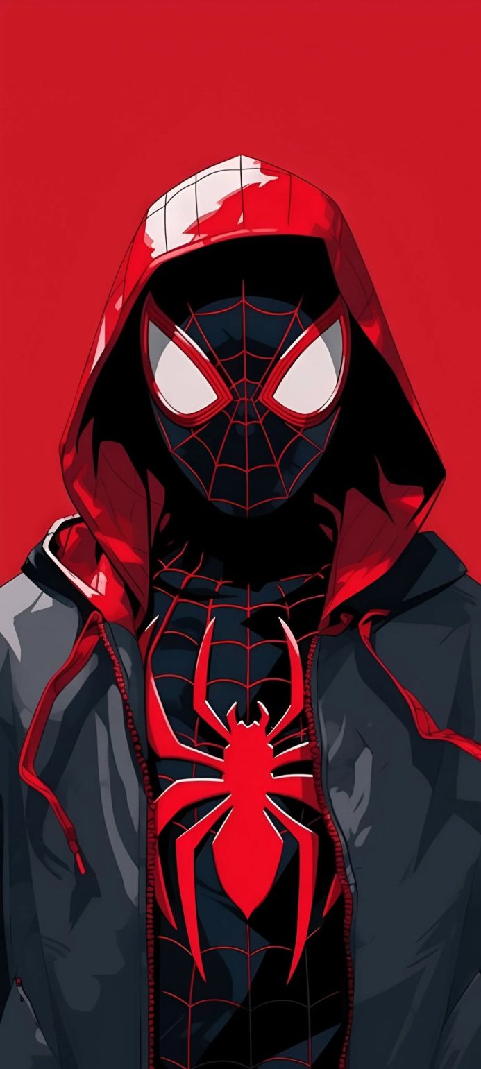 Miles Morales as Spider-Man in a red and black suit with a hoodie