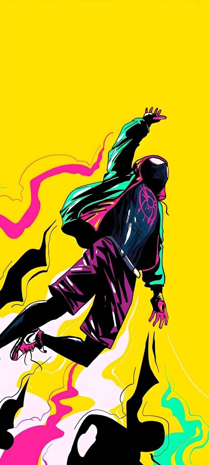 Miles Morales from Spider-Man: Into the Spider-Verse in a dynamic pose against a yellow backdrop