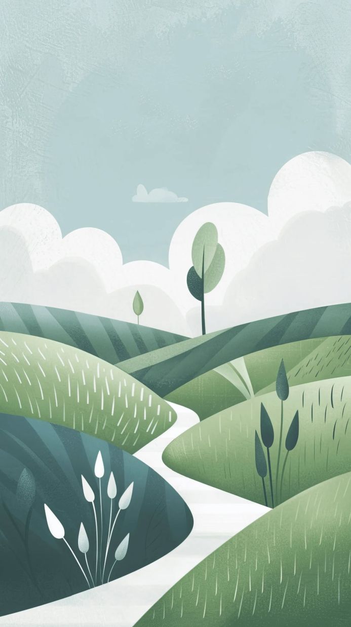 A minimalist landscape with green hills, trees, clouds and a winding white path