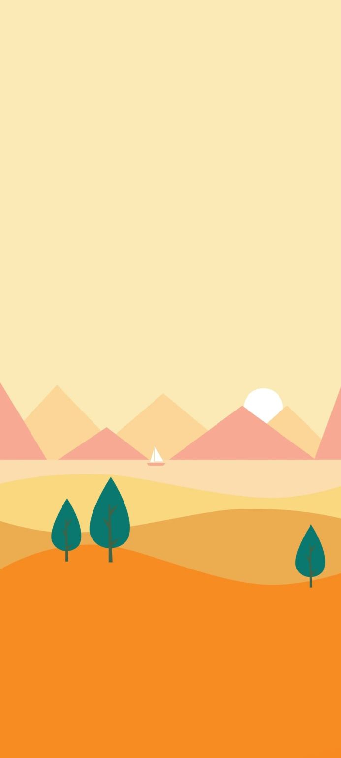 Minimalist landscape illustration with mountains, trees, and a sailboat