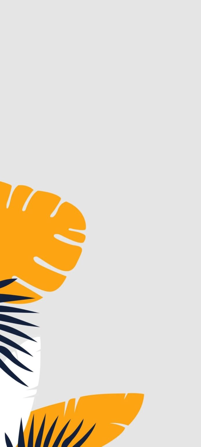 Minimalist botanical illustration with yellow, blue, and white leaves on a gray background