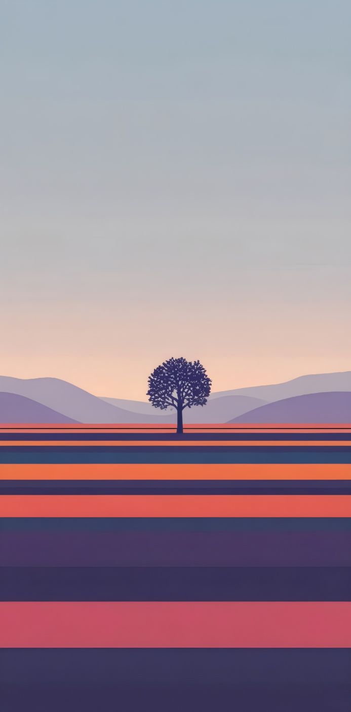 A lone tree stands on a field with horizontal lines, with mountains and a pastel sky in the background
