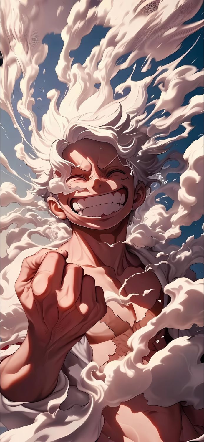 Monkey D. Luffy from One Piece with white hair, smiling, showing his fist
