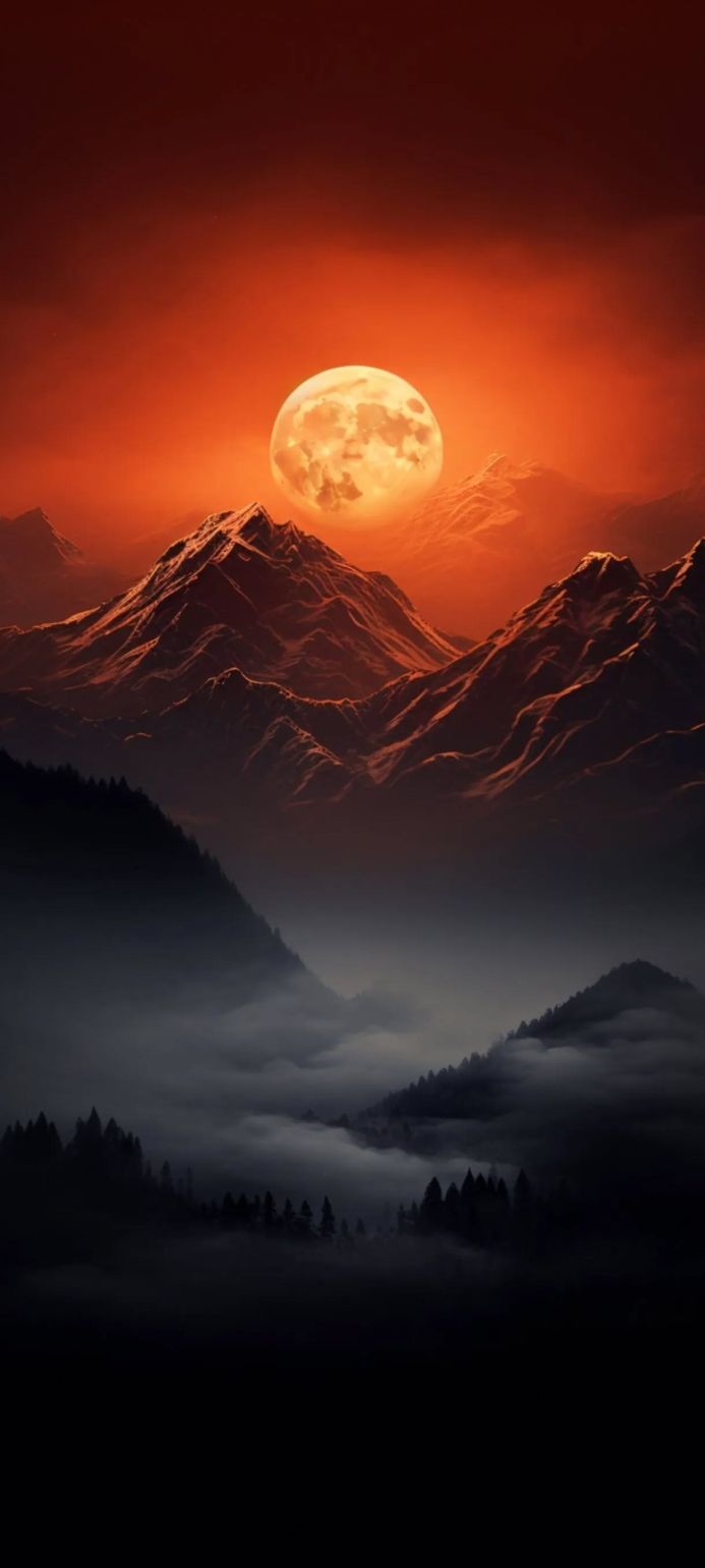 Mountain landscape with a full moon, orange sky and fog in the valley