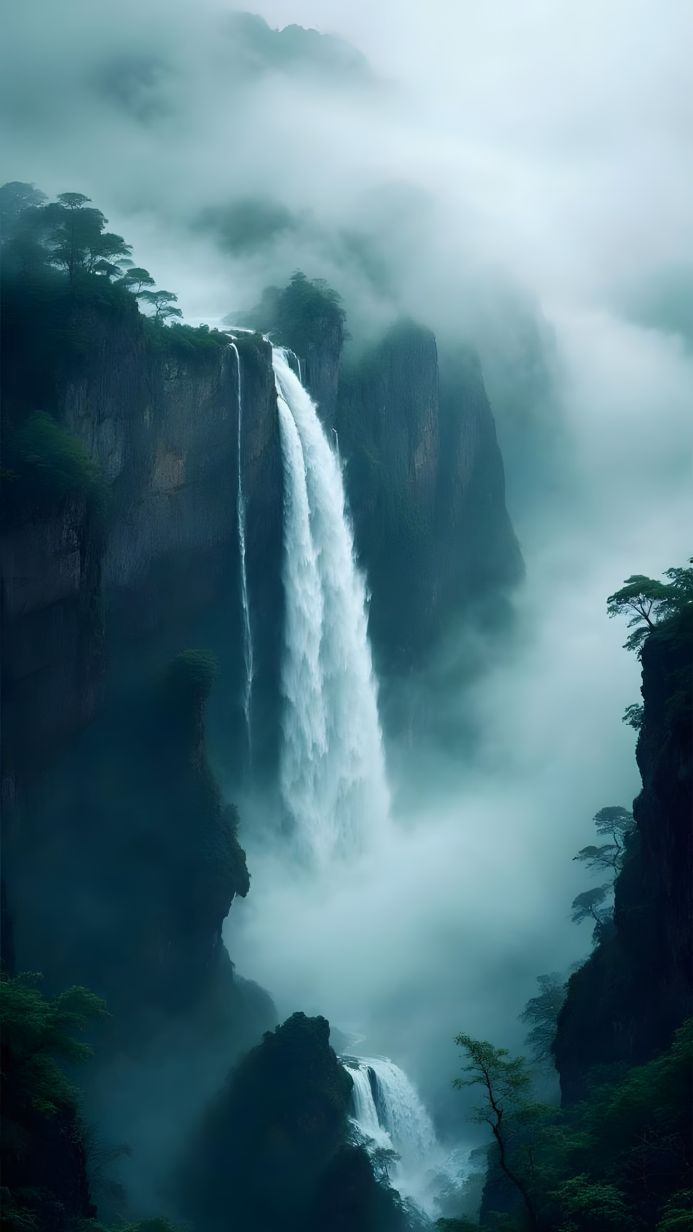 A stunning waterfall cascading down a cliff face surrounded by lush greenery and mist