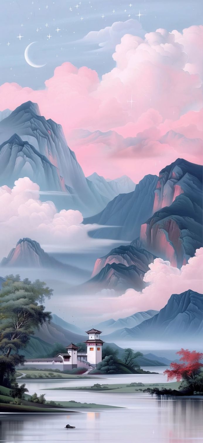 A landscape with mountains, clouds and a traditional Japanese style house by the lake
