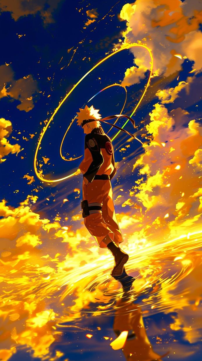 Naruto Uzumaki standing on water in an orange suit, anime character from Naruto
