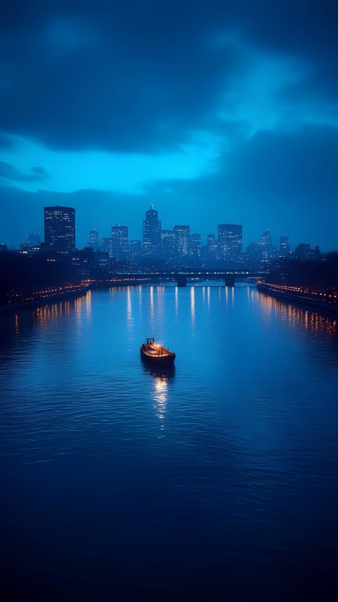A boat on a river at night with a cityscape in the background