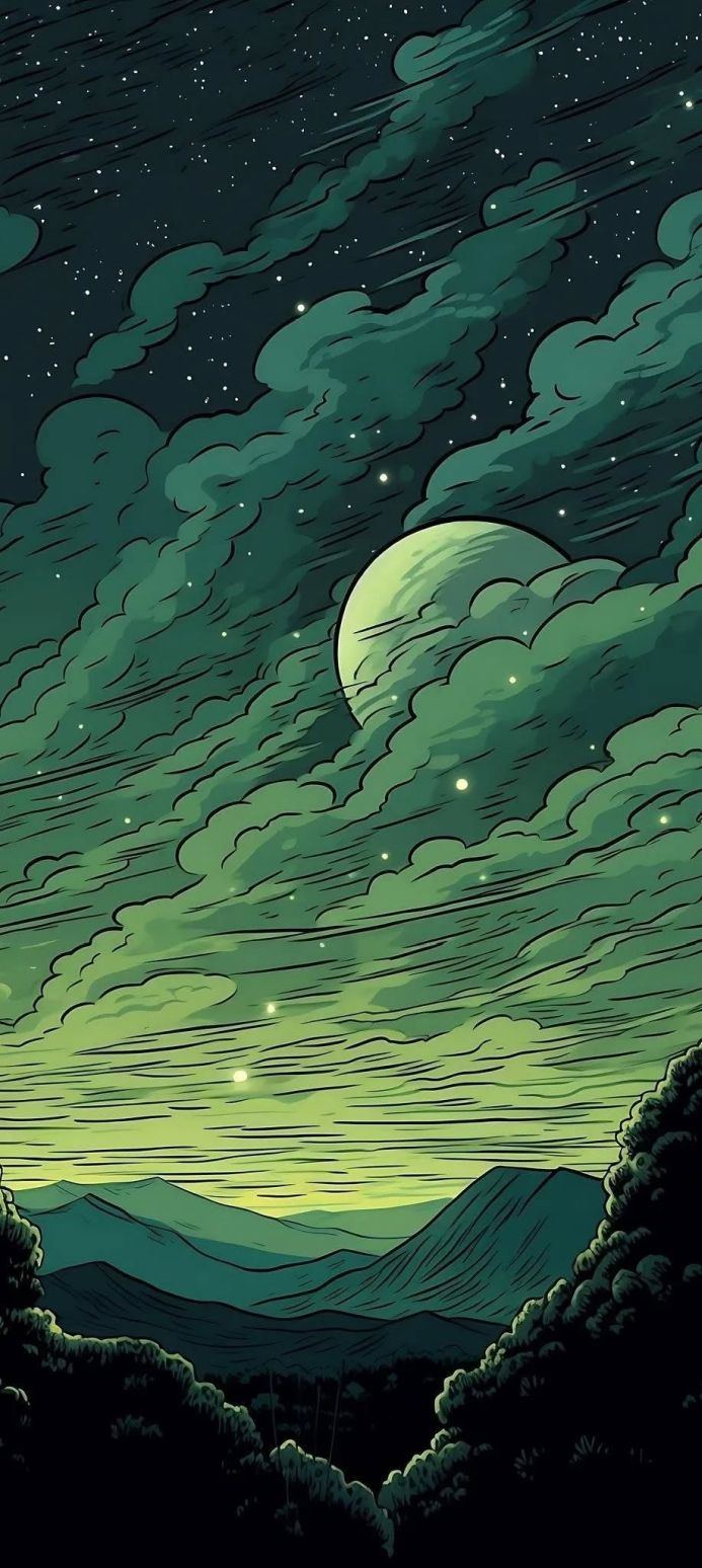 Illustration of a night sky with a moon behind the clouds and mountains