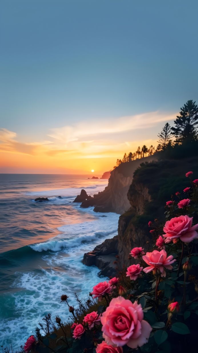 Sunset over the ocean with pink roses on cliffs