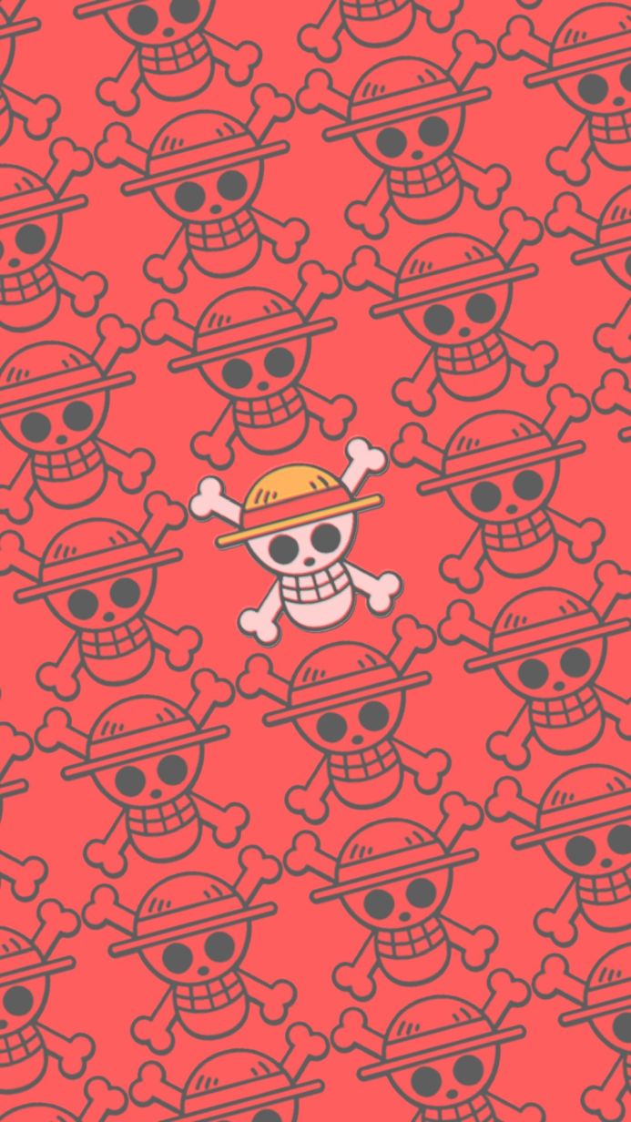 One Piece Jolly Roger pattern with straw hat on red background