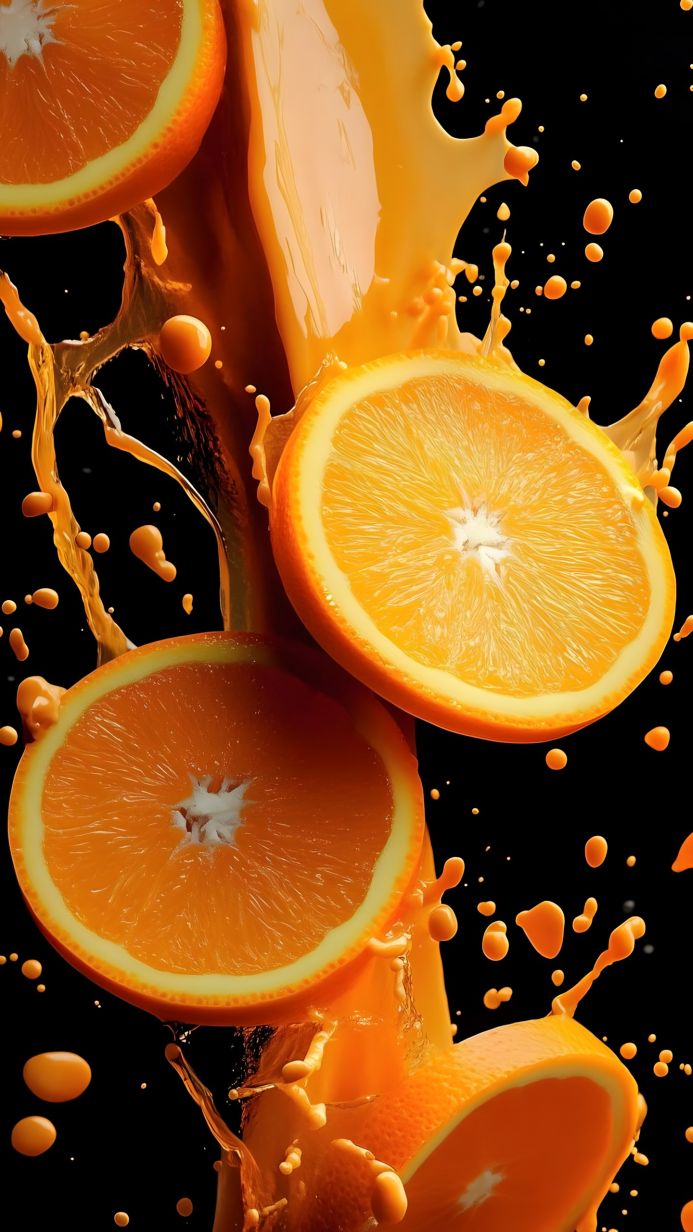 Slices of orange with juice splash on black background
