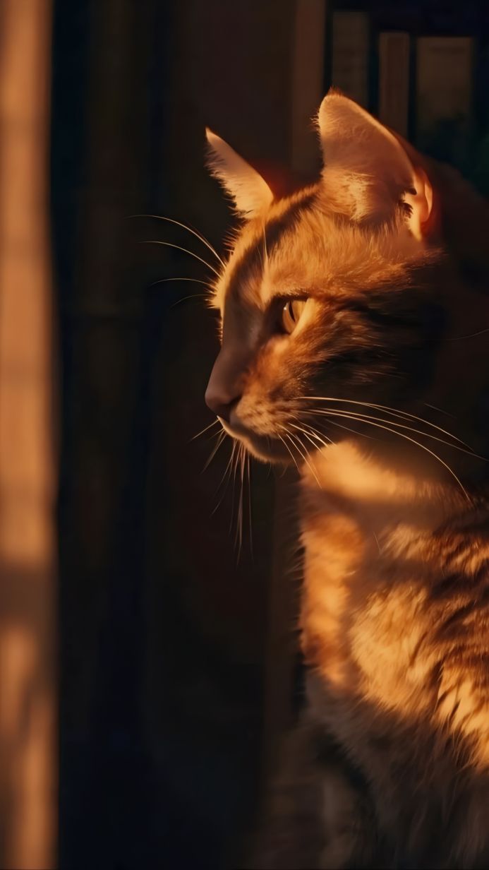 Orange tabby cat in profile with dramatic lighting and dark background