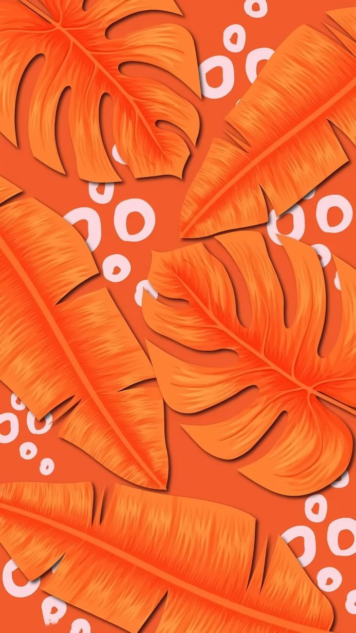 Orange tropical leaves and white shapes on a patterned background