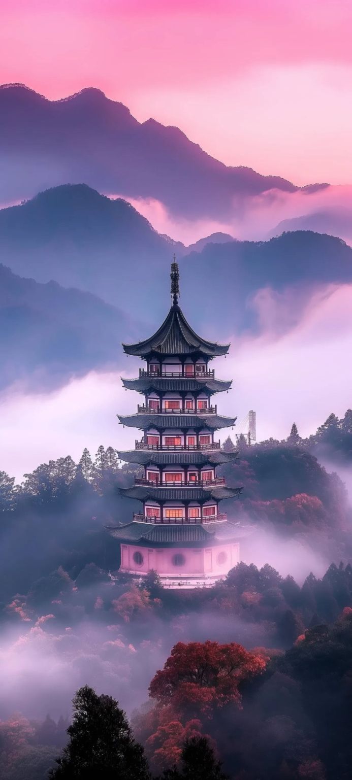 A multi-tiered pagoda stands amidst a misty, mountainous landscape with soft pink and purple hues