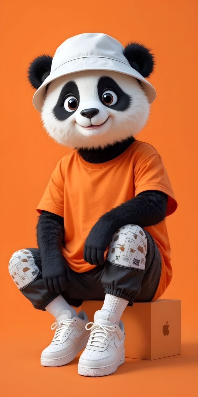Anthropomorphic panda in an orange t-shirt, black pants, a hat, and sneakers sitting on a box