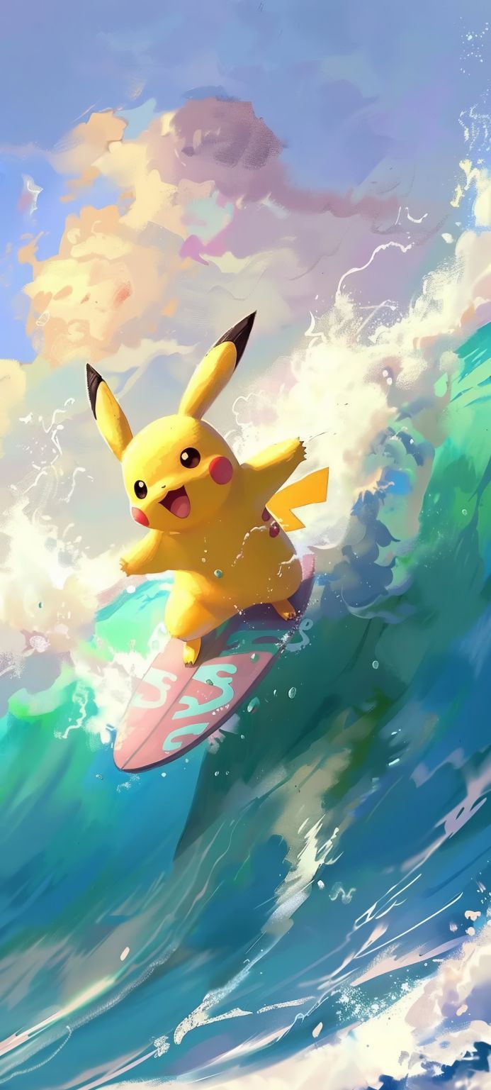 Pikachu surfing a wave on a pink surfboard in the ocean under a partly cloudy sky