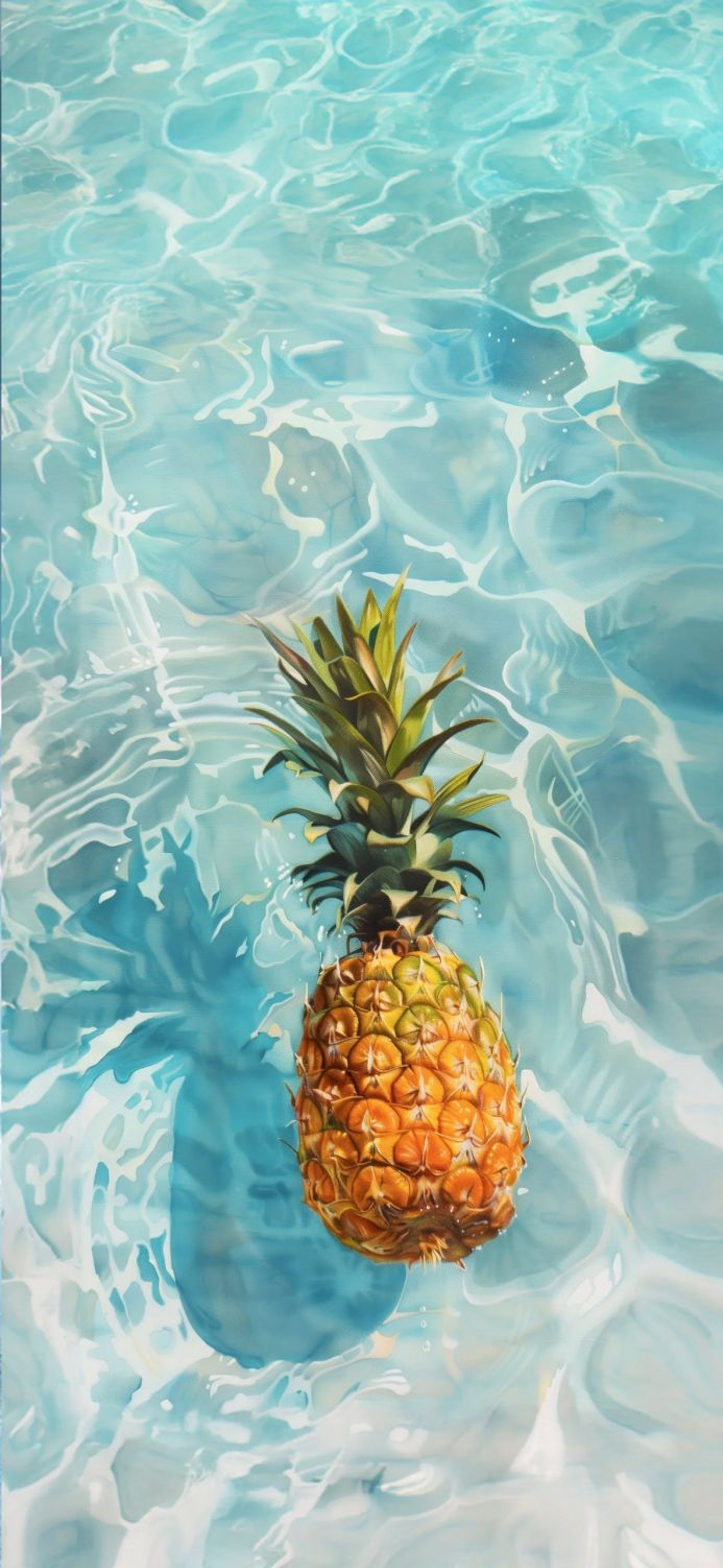 A pineapple floating in clear blue water, with sunlight reflecting off the surface