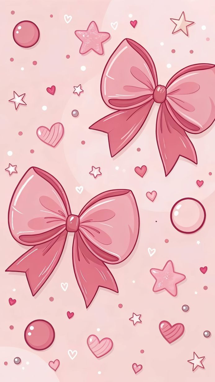 Pink background with bows, stars, hearts and pearls