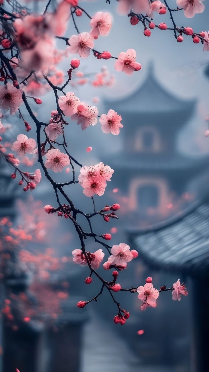 Pink cherry blossoms with a pagoda in the background