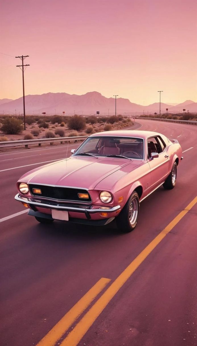 Pink classic car on a desert highway at sunset