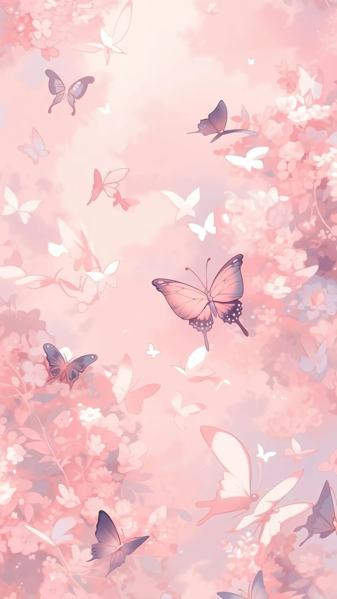 Illustration with pink and purple butterflies on a floral background