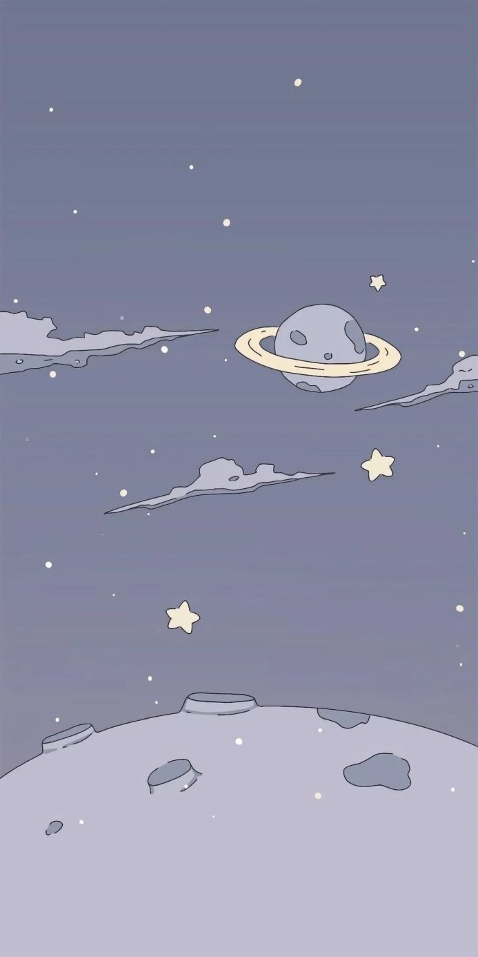 Cartoon illustration of a planet, stars, clouds, and moon in a purple sky