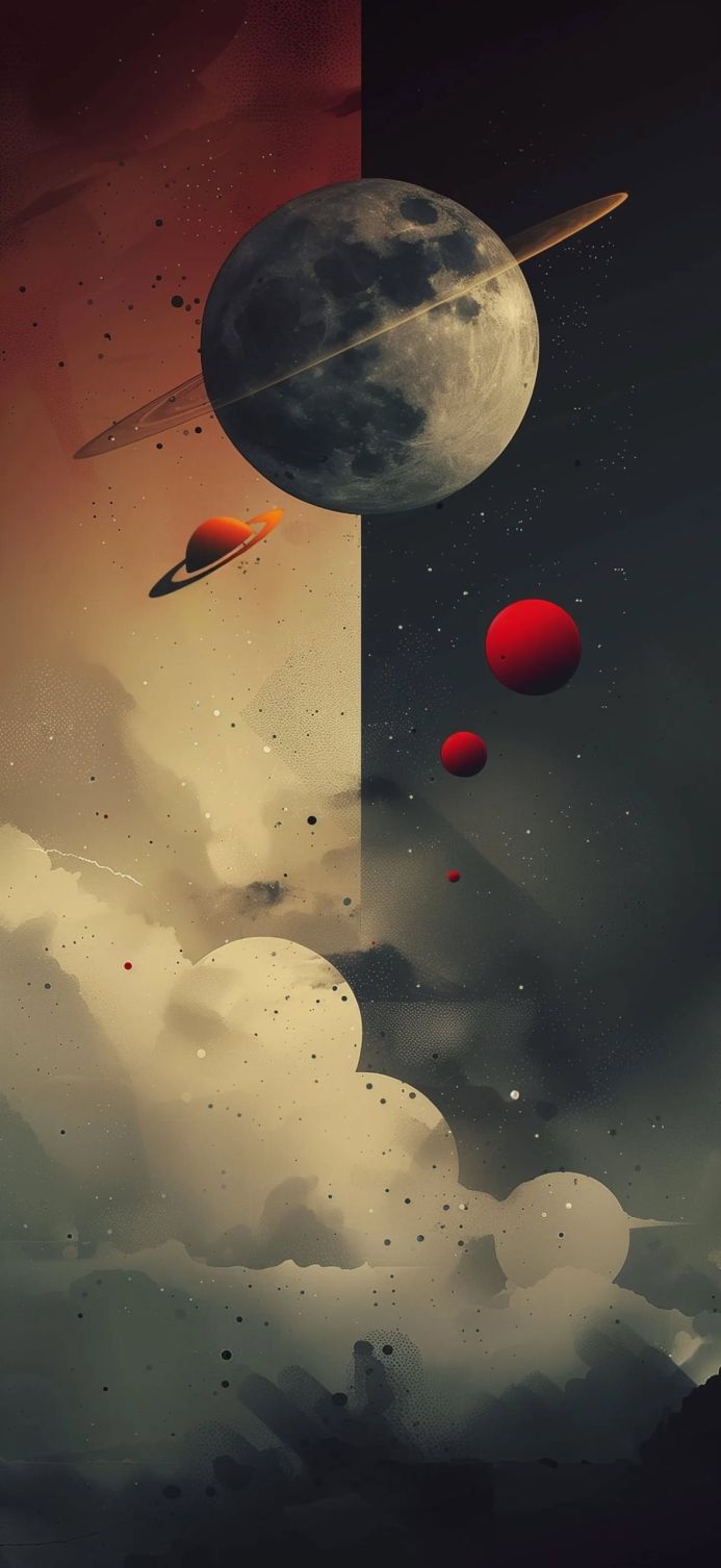 A moon, two planets with rings and some red planets, among clouds and stars