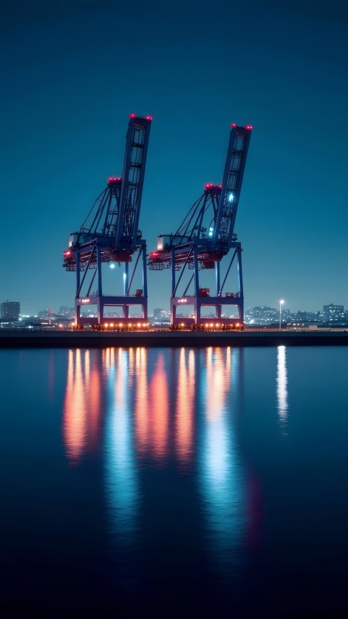Two port cranes reflected in the water at night with city lights in the background